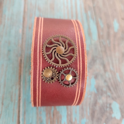 Wide leather gear bracelet, steampunk wristband, gear leather cuff