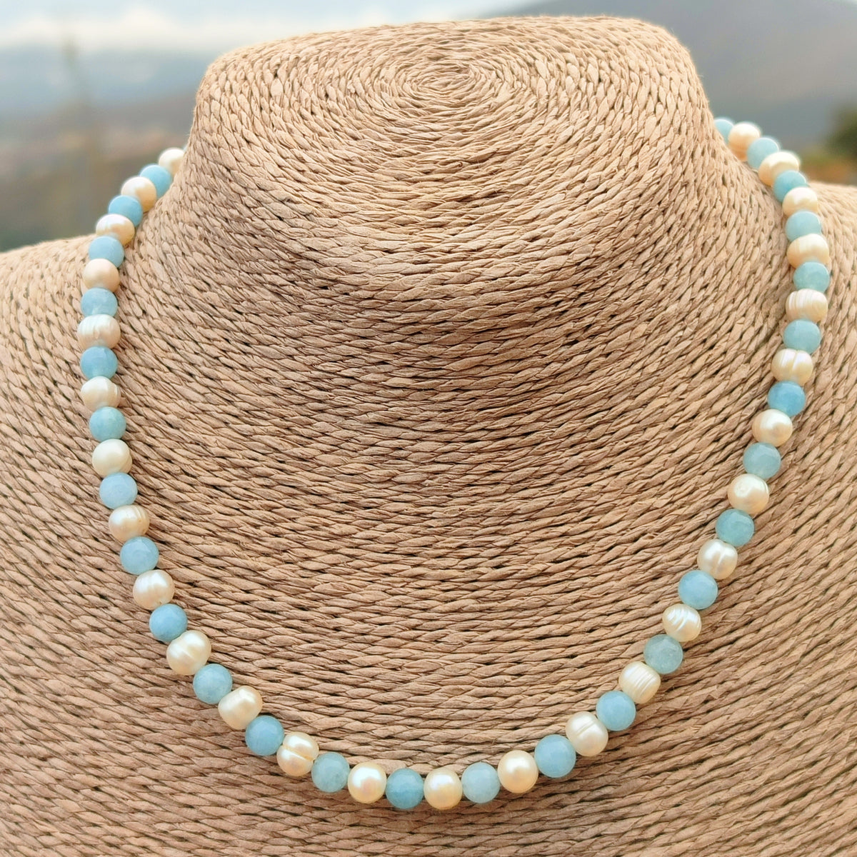 Collar Esencia de Agua - Perlas Naturales y Aguamarina con Cierre de Plata de Ley