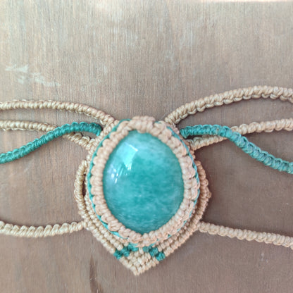 Green and beige macramé necklace - boho necklace - micro macramé choker - amazonite necklace - green stone - blue stone