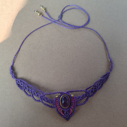 choker de macramé con amatista, collar morado de hilo, collar de amatista