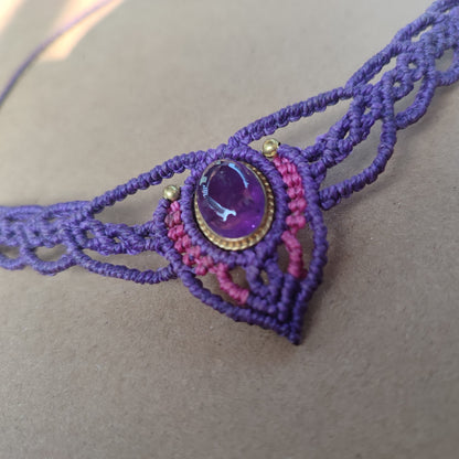 choker de macramé con amatista, collar morado de hilo, collar de amatista