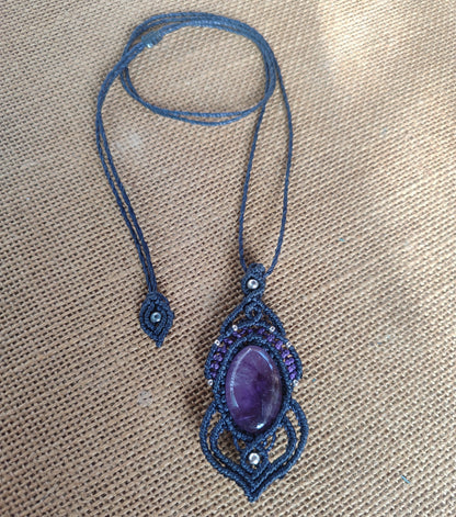 colgante largo de macrame con amatista y plata de ley, colgante grande, collar ajustable de macrame con piedra y plata de ley