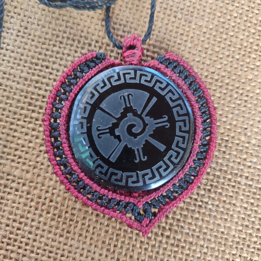 Hunab Ku, colgante grande de macramé, dios supremo de los mayas, simbología maya, collar de obsidiana, collar obsidiana, colgante espiritual