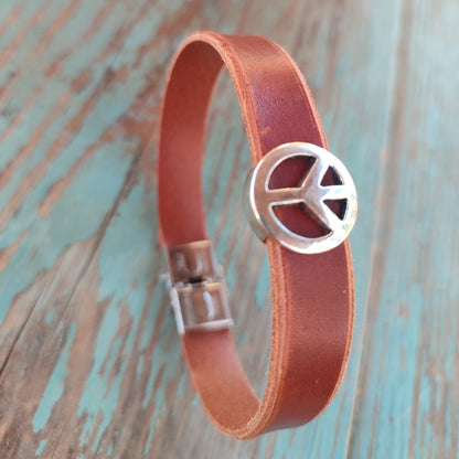 peace symbol, leather bracelet