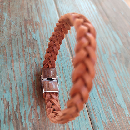 braided leather bracelet with four strands and stainless steel clasp