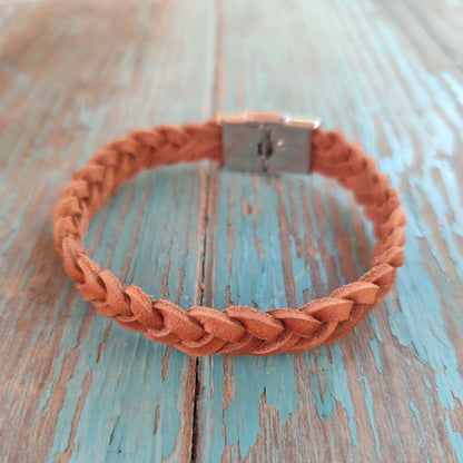 braided leather bracelet with four strands and stainless steel clasp