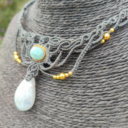Collar Aura Real – Piedra Luna y Aventurina Macramé