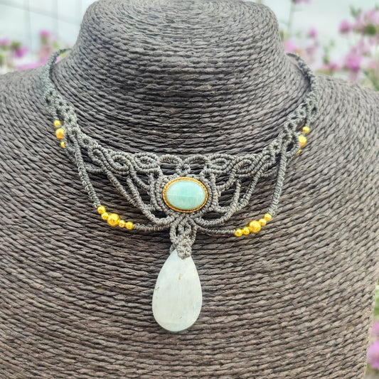 Collar Aura Real – Piedra Luna y Aventurina Macramé