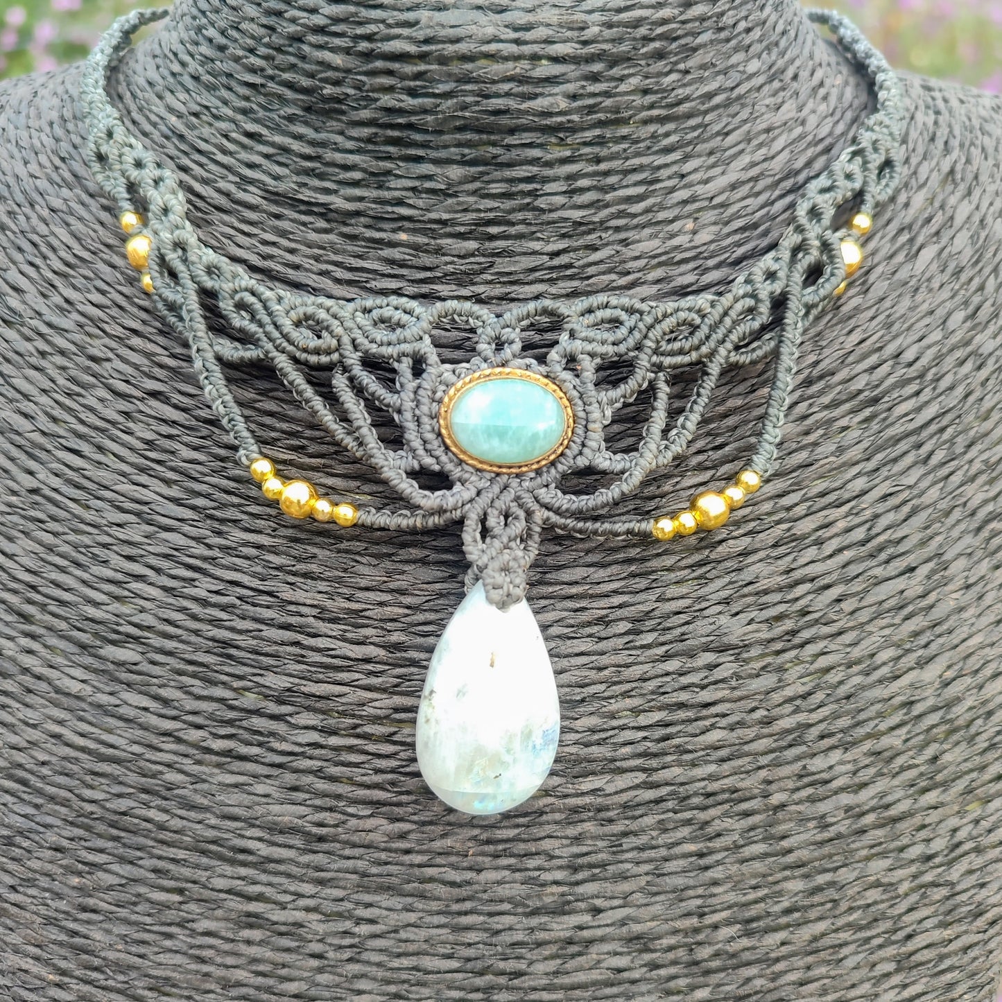 Collar Aura Real – Piedra Luna y Aventurina Macramé