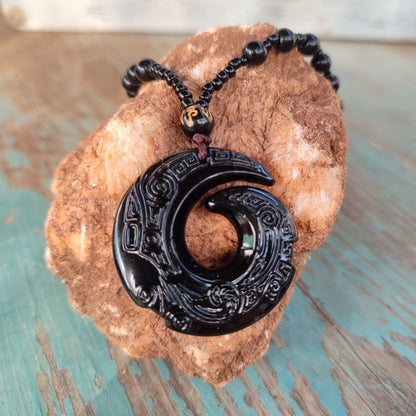 Carved black obsidian necklace