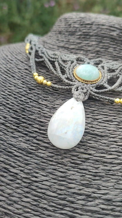 Collar Aura Real – Piedra Luna y Aventurina Macramé