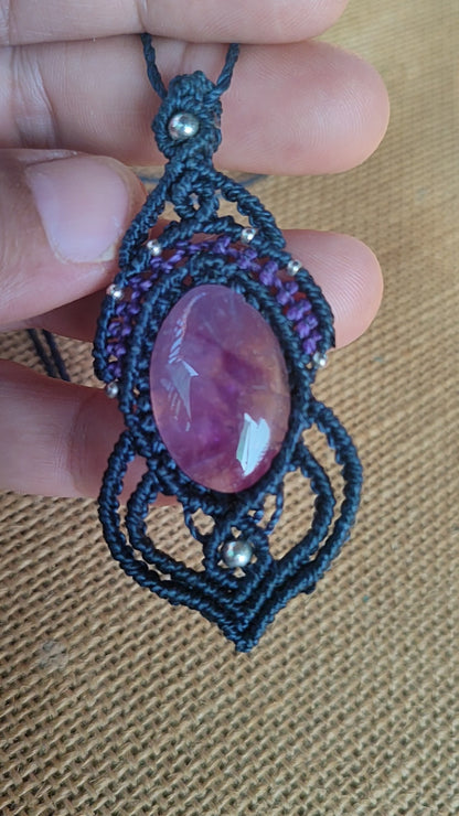 colgante largo de macrame con amatista y plata de ley, colgante grande, collar ajustable de macrame con piedra y plata de ley