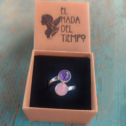 Anillo de amatista y cuarzo rosa