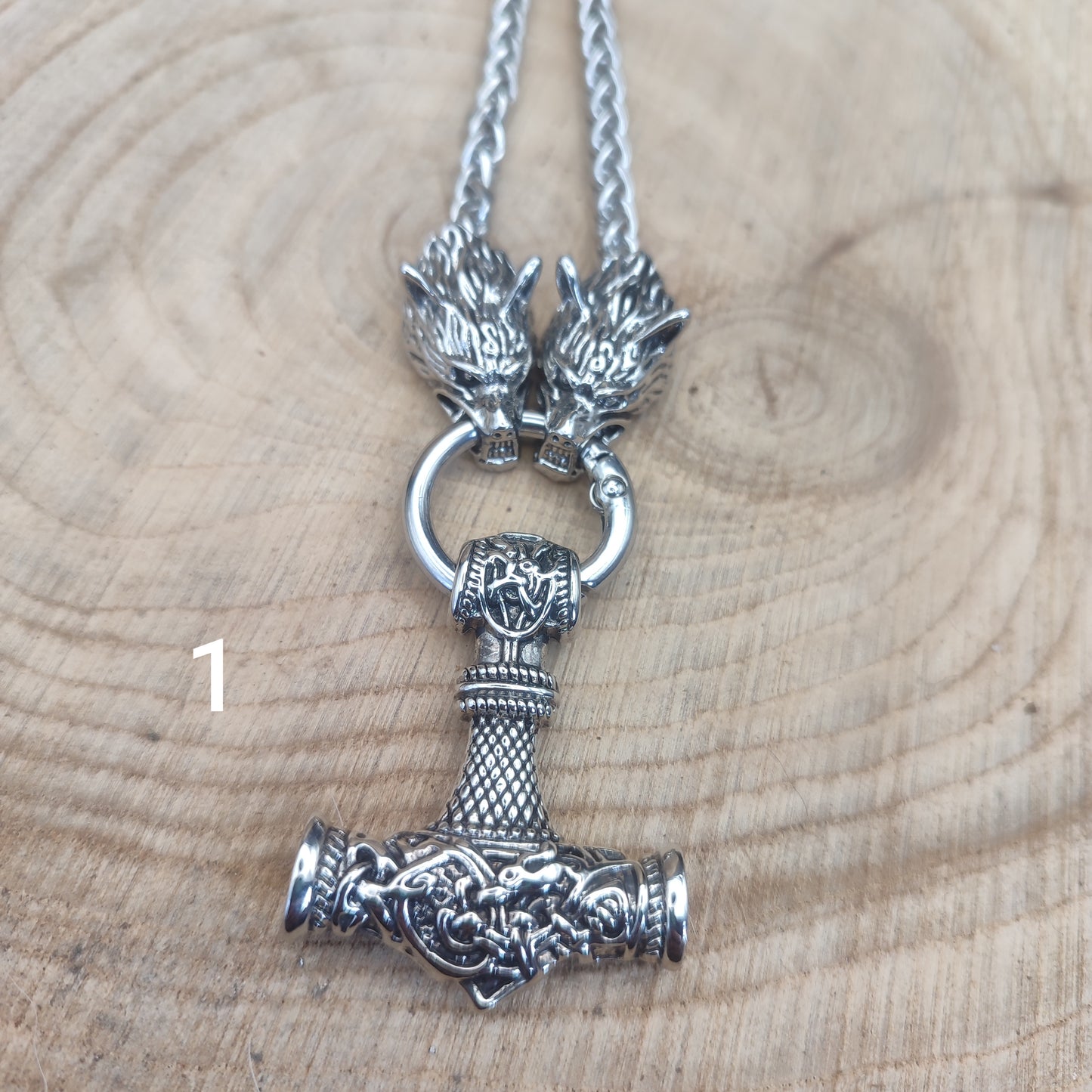 Viking Necklace "Odin's Strength": Thor's Hammer (Mjölnir) and Wolf Heads in Steel - Epic and Robust Design