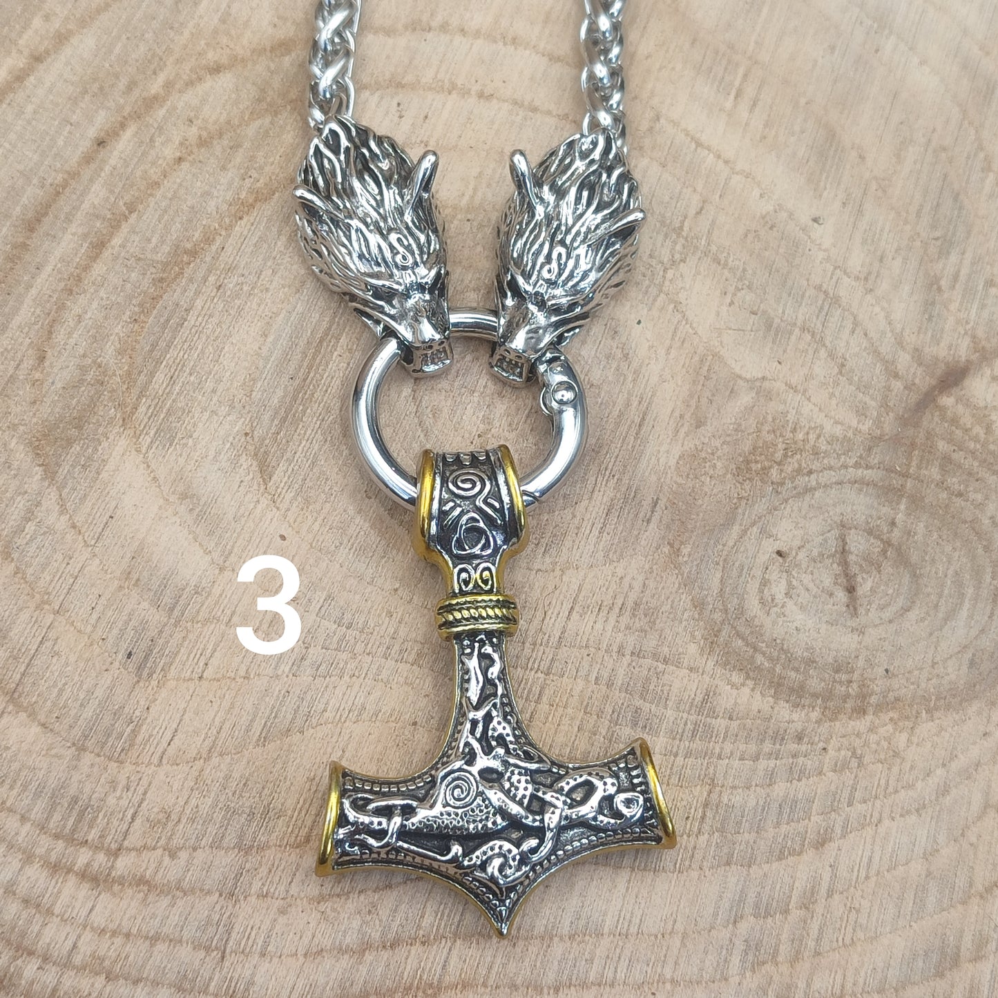 Viking Necklace "Odin's Strength": Thor's Hammer (Mjölnir) and Wolf Heads in Steel - Epic and Robust Design