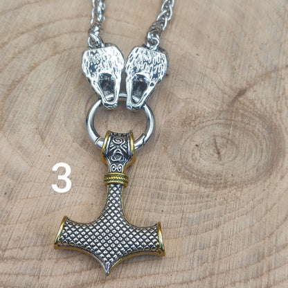 Viking Necklace "Odin's Strength": Thor's Hammer (Mjölnir) and Wolf Heads in Steel - Epic and Robust Design